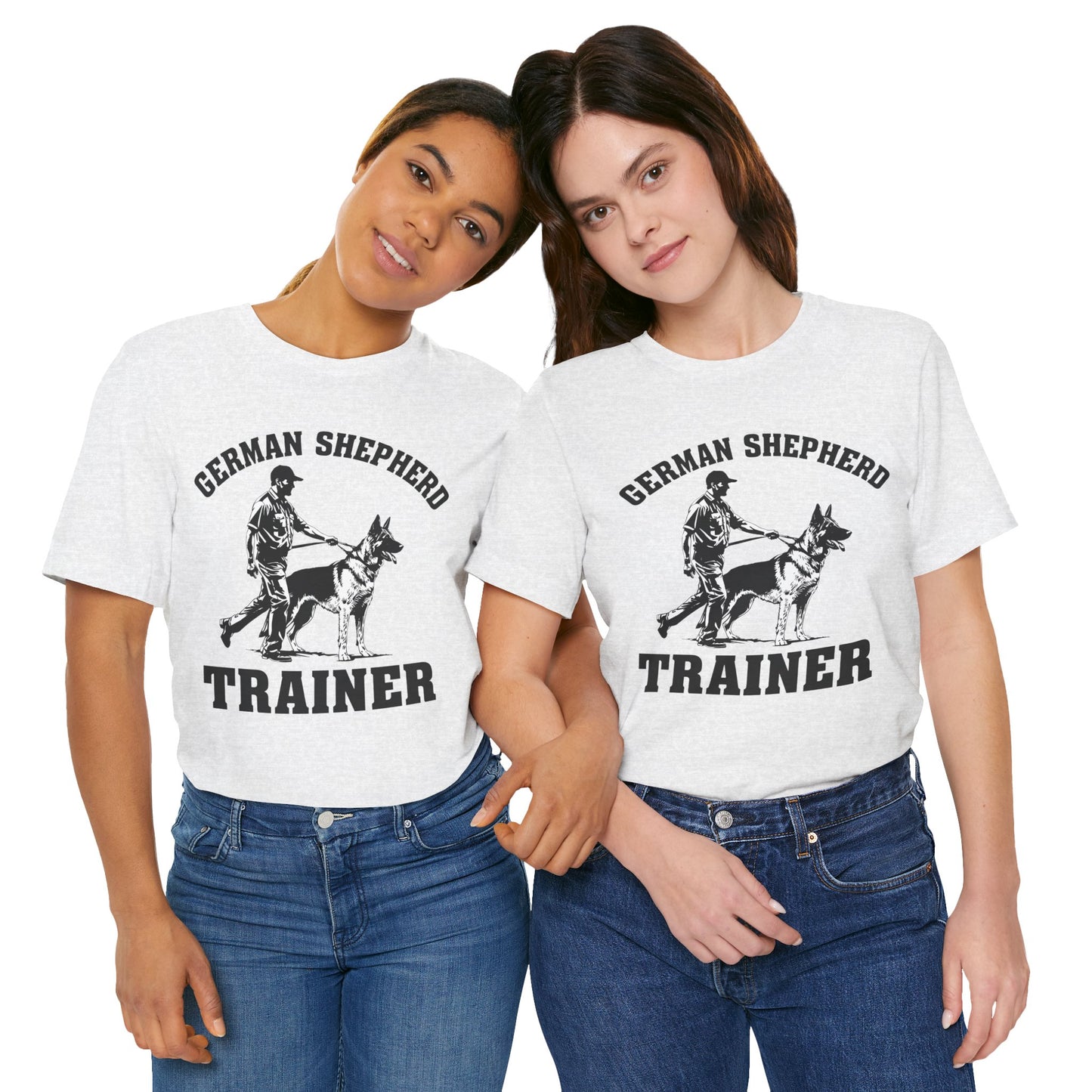 German Shepherd Trainer Tee - Black and White Design of Man Holding a German Shepherd