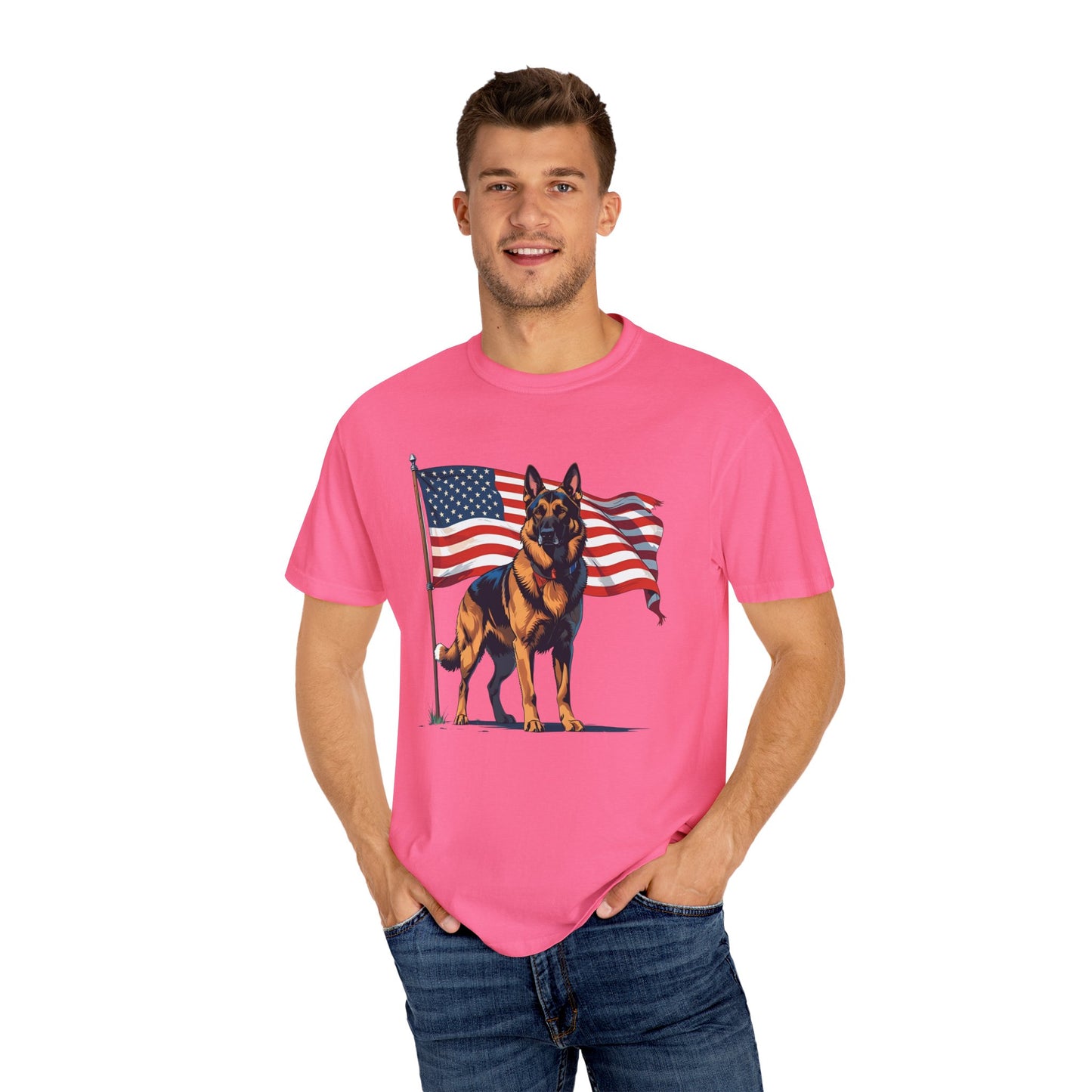 Patriotic German Shepherd Dog T-Shirt, Unisex Garment-Dyed Tee, Dog Lover Gift, US Independence Day Apparel, Casual Wear for Pet Lovers