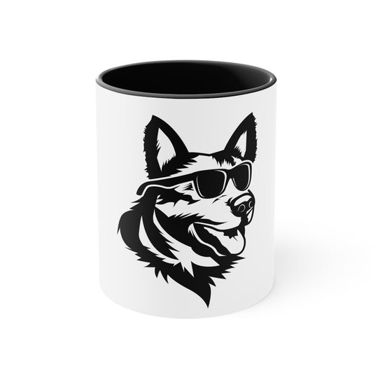 White Ceramic Dog Lover Accent Mug With a Graphic of German Shepherd Wearing Black Glasses