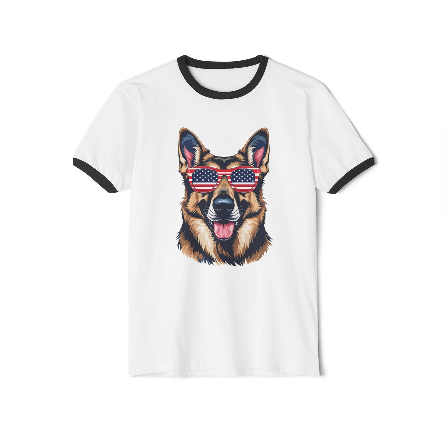 Patriotic Dog Lover German Shepherd Tee - Unisex Cotton Ringer T-Shirt with American Flag Sunglasses, Pet Owner Gift, 4th of July Apparel, Fun Summer