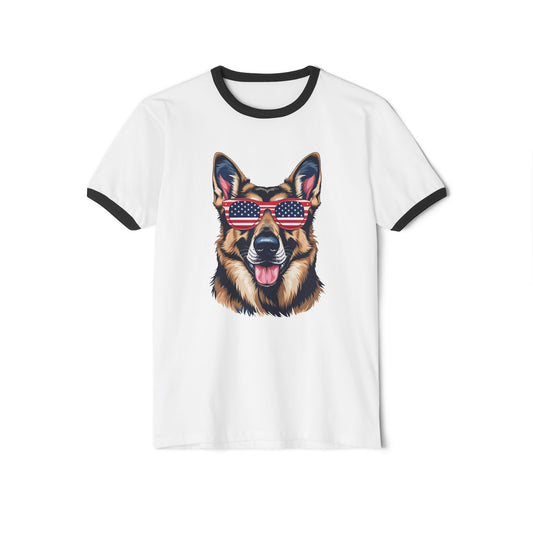 Patriotic Dog Lover German Shepherd Tee - Unisex Cotton Ringer T-Shirt with American Flag Sunglasses, Pet Owner Gift, 4th of July Apparel, Fun Summer
