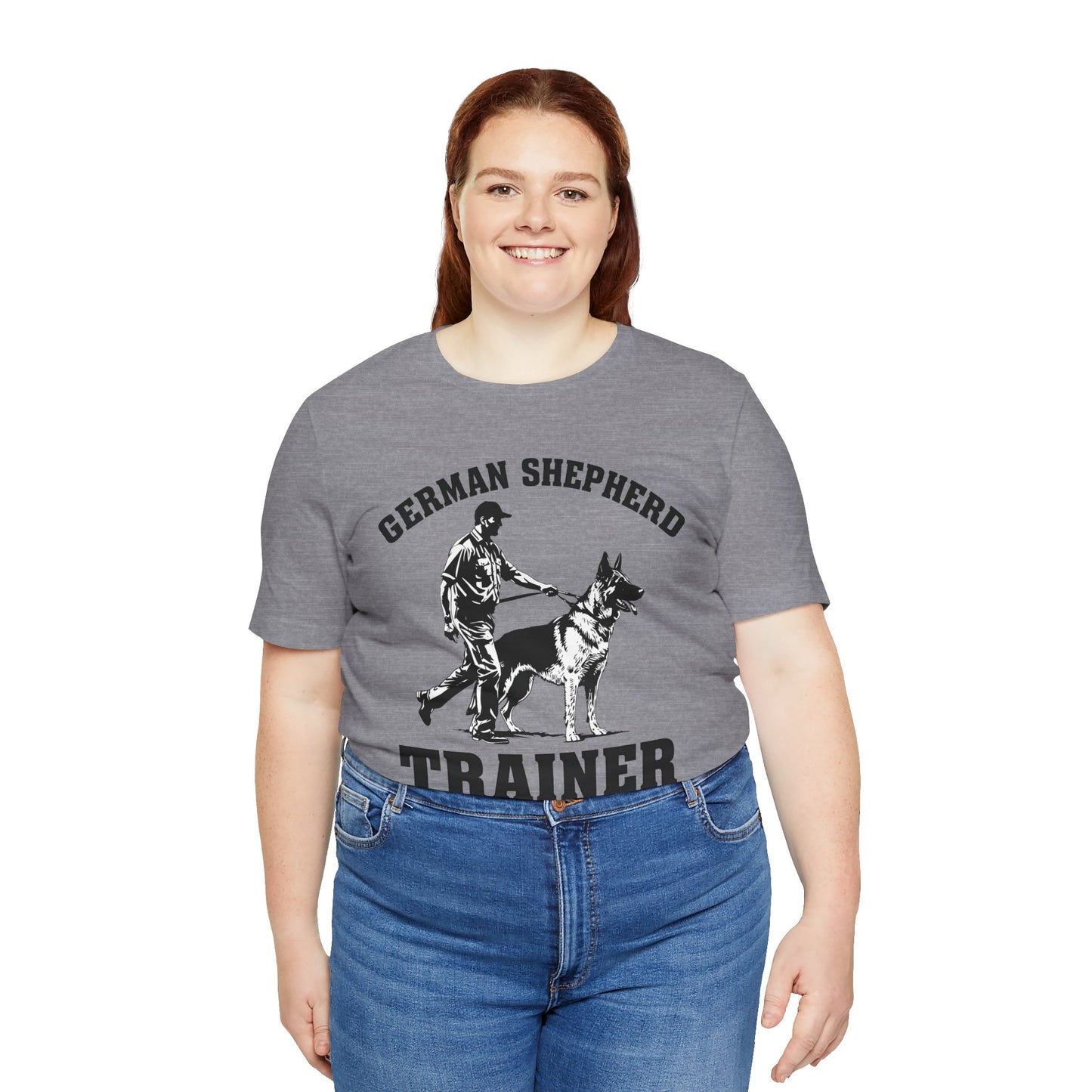 German Shepherd Trainer Tee - Black and White Design of Man Holding a German Shepherd