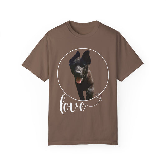 Unisex Dog Lover T-Shirt With Solid Black German Shepherd Walking On a Grass and Text Love