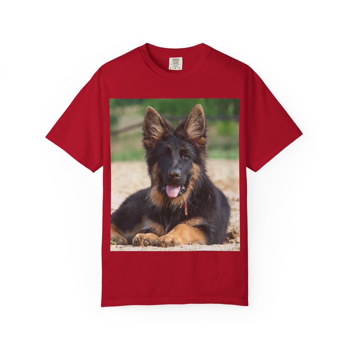 Unisex Dog Lover T-Shirt Featuring Photo of Stunning German Shepherd Puppy Resting on the Sand