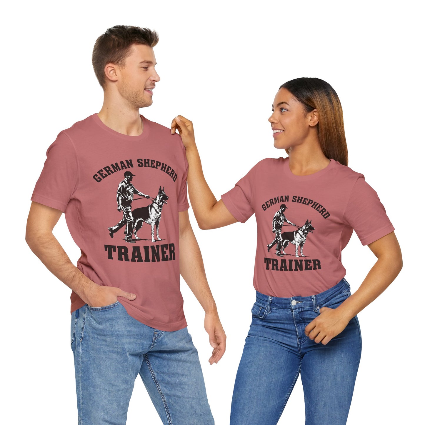 German Shepherd Trainer Tee - Black and White Design of Man Holding a German Shepherd