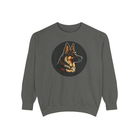 Unisex Dog Lover Sweatshirt With a Close Up Graphic of a German Shepherd Inside a Black Circle