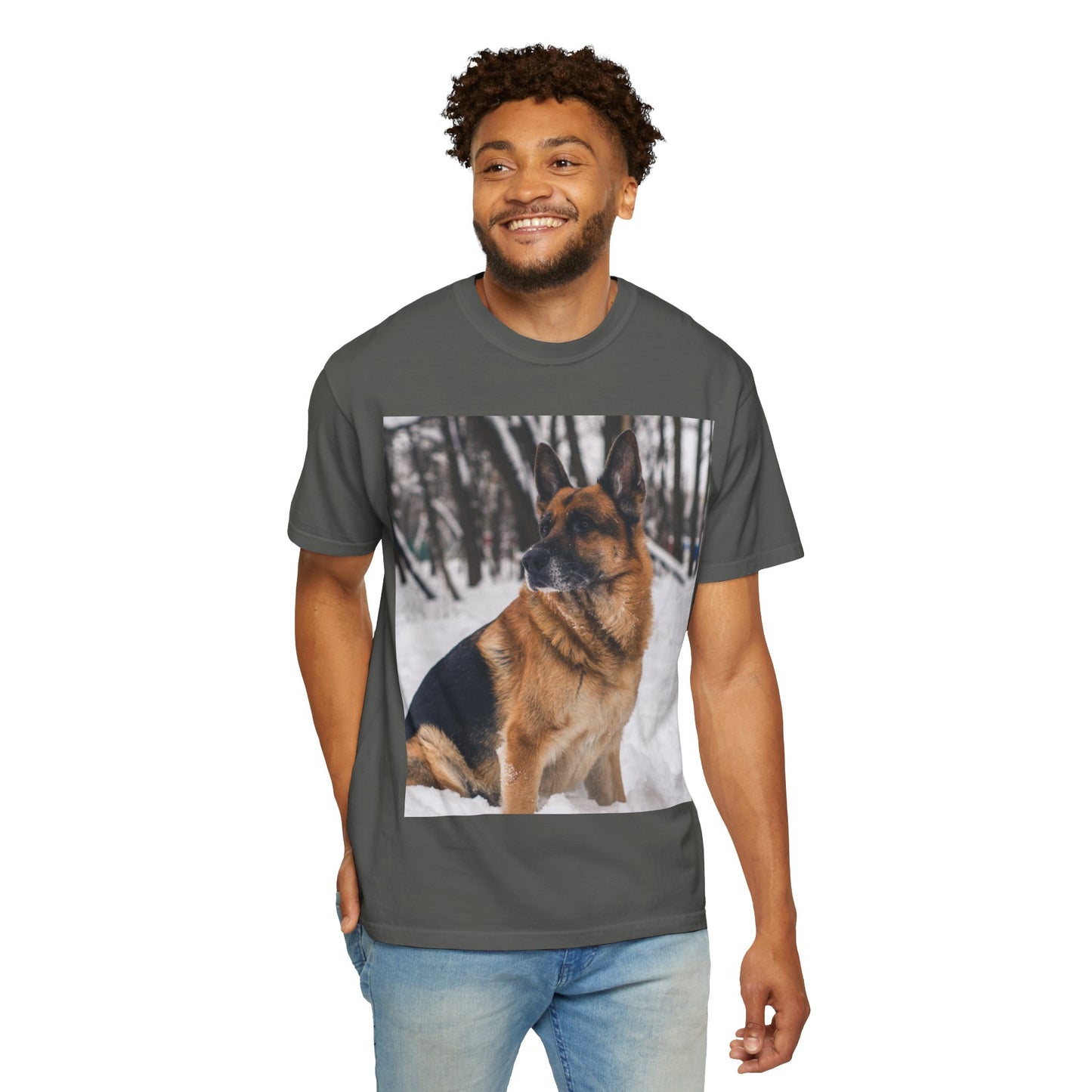 Unisex Dog Lovers T-Shirt Featuring a Beautiful German Shepherd Sloppily Sitting on the Snow