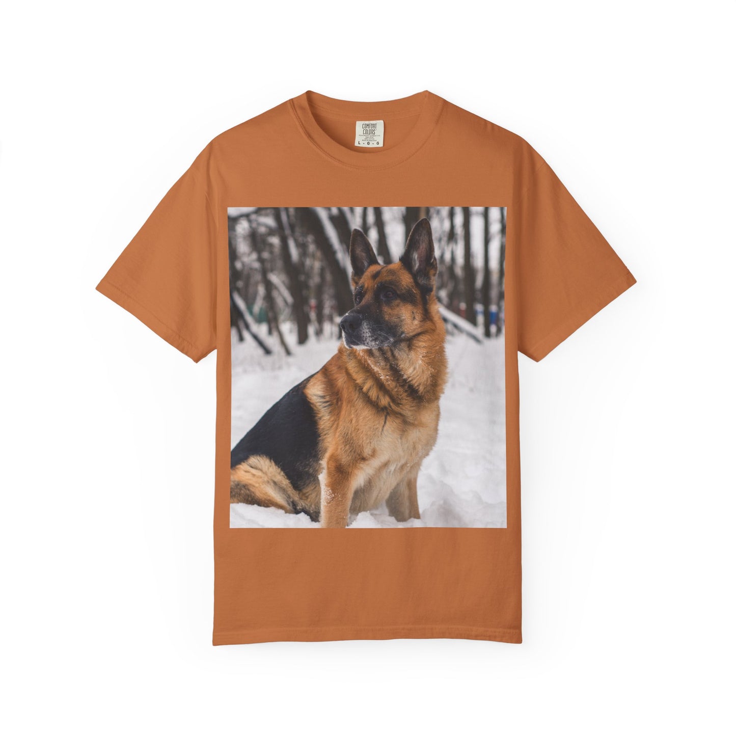 Unisex Dog Lovers T-Shirt Featuring a Beautiful German Shepherd Sloppily Sitting on the Snow