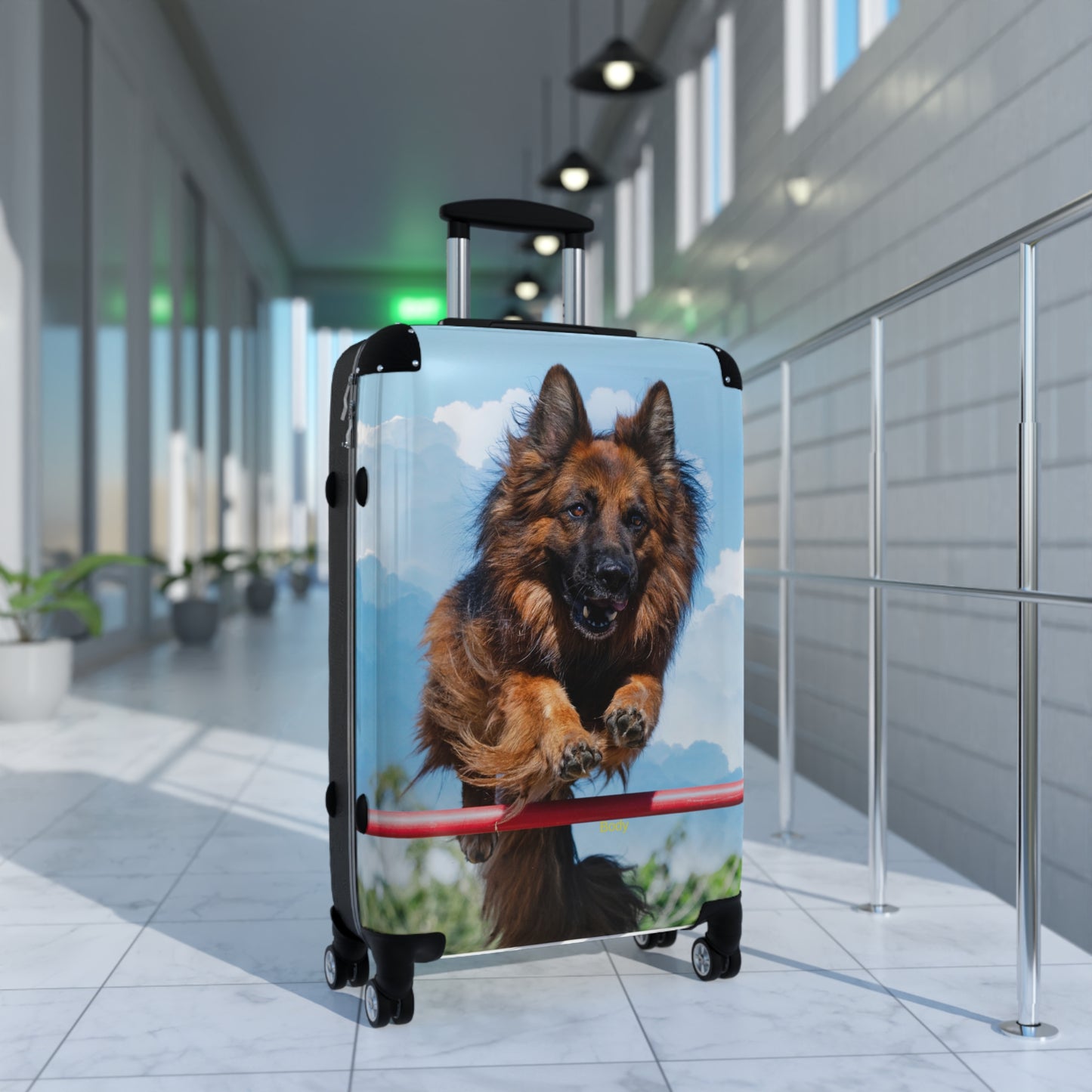 Dog Lover's Travel Suitcase Featuring a German Shepherd in the Air While Jumping An Agility Fence