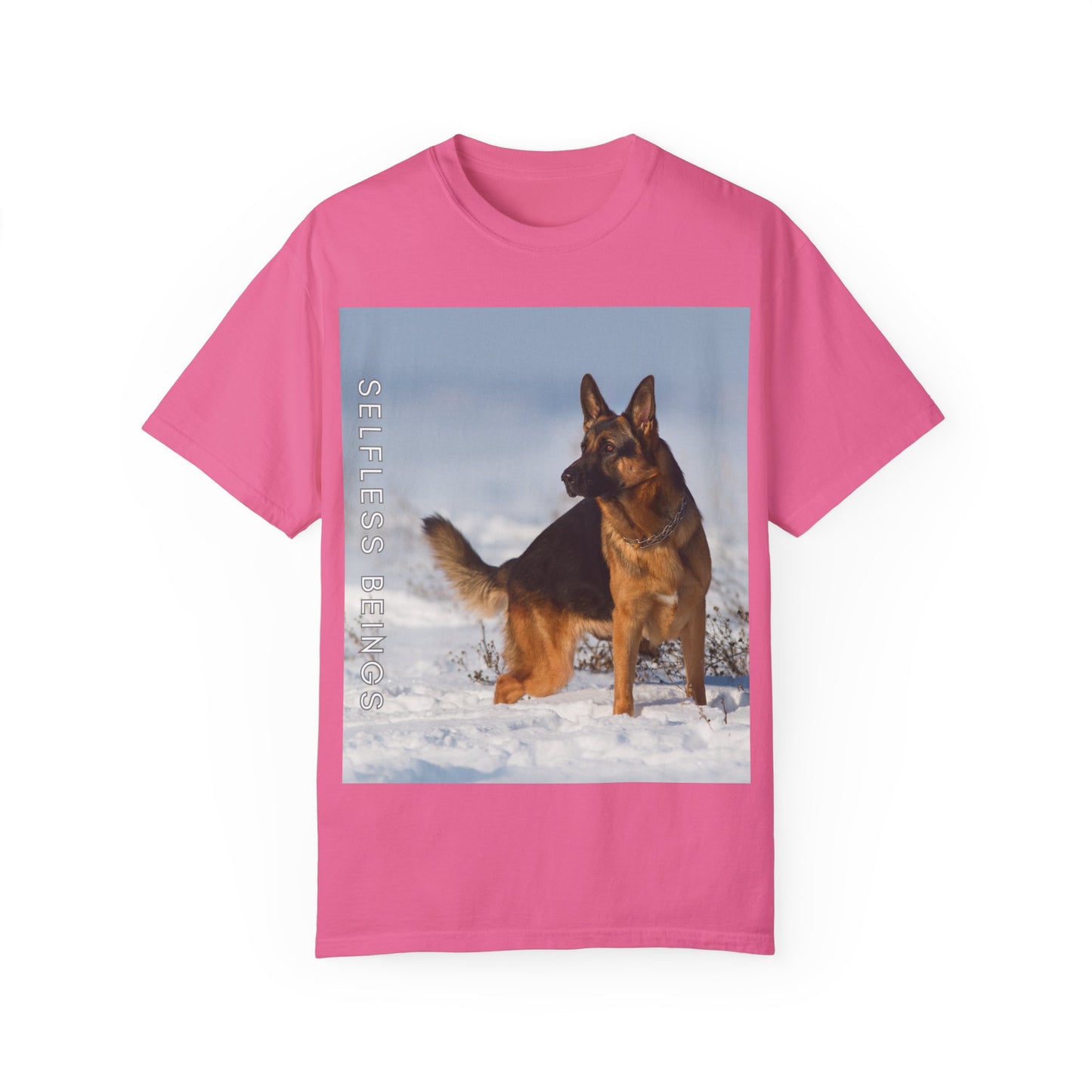 Unisex Dog Lover T-Shirt With a Beautiful German Shepherd Looking at Side Standing on the Snow and Caption Selfless Beings