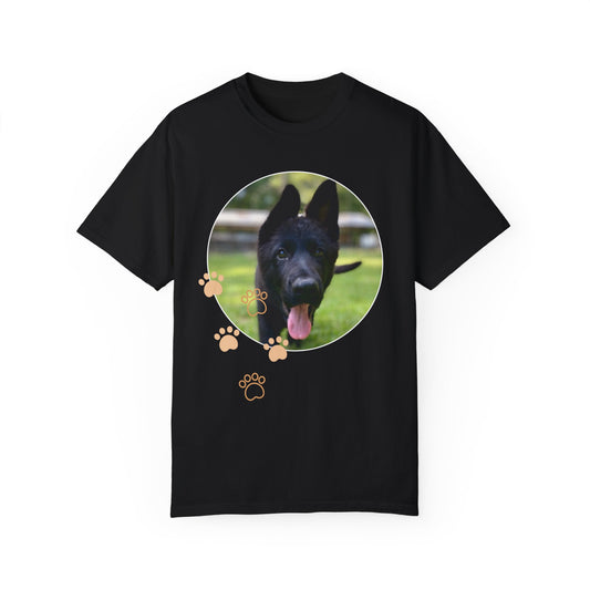 Unisex Dog Lover T-Shirt With Black German Shepherd Puppy Walking on Grass Leaving Tongue Out and Paw Icons