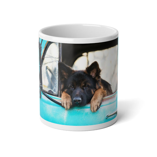 Jumbo Mug, 20oz With a German Shepherd Puppy Putting His Head and Front Legs  On The Truck Seat's Window