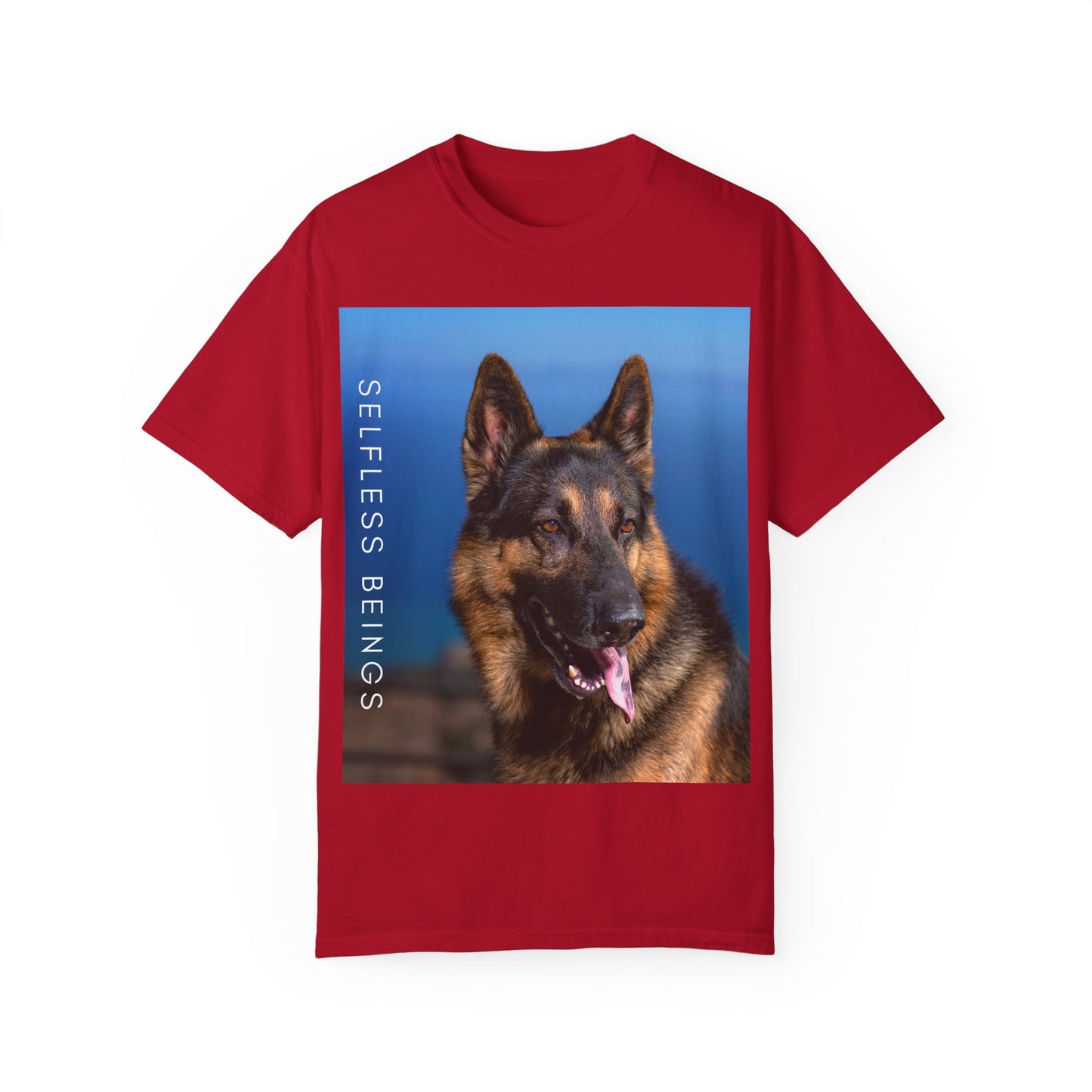 Unisex Dog Lover T-Shirt With Close Up of German Shepherd, Blue Sea in the Background and Caption Selfless Beings