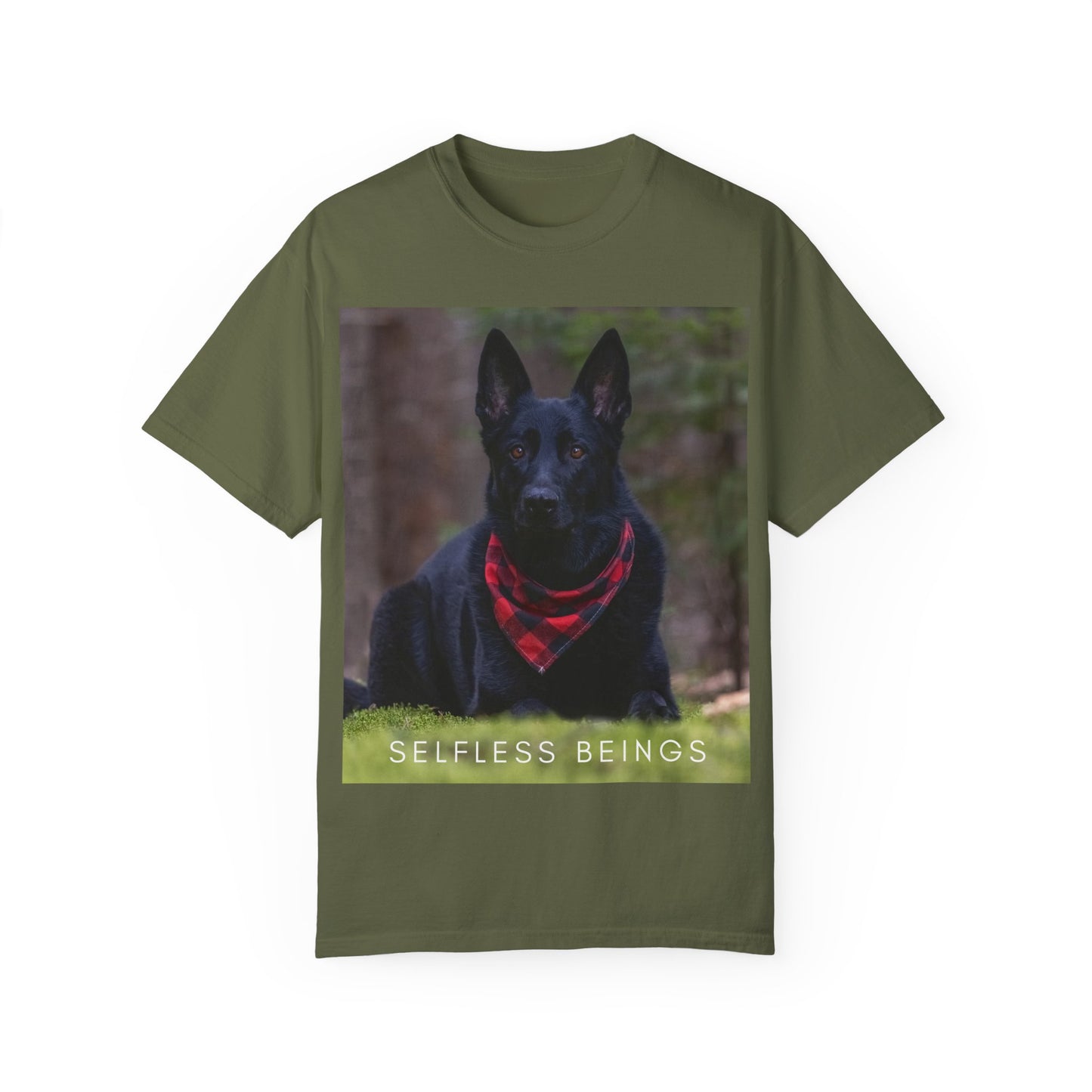 Unisex Dog Lover T-Shirt With a Solid Black German Shepherd Wearing a Red Romal Sitting and Caption Selfless Beings