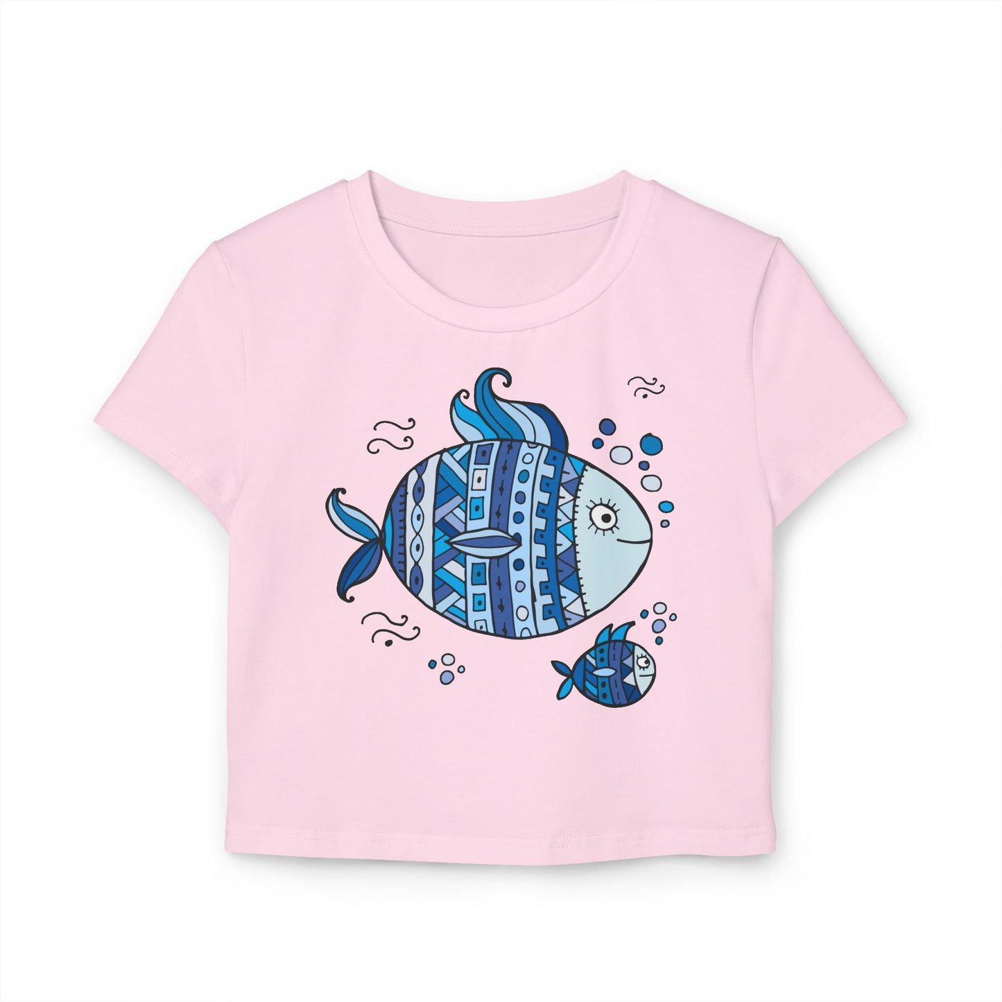 Boho Chic Women's Baby Tee with Blue Fish Design, Cute Summer Top, Fun Gift for Sea Lovers, Aquatic-themed Apparel, Beach Vibes