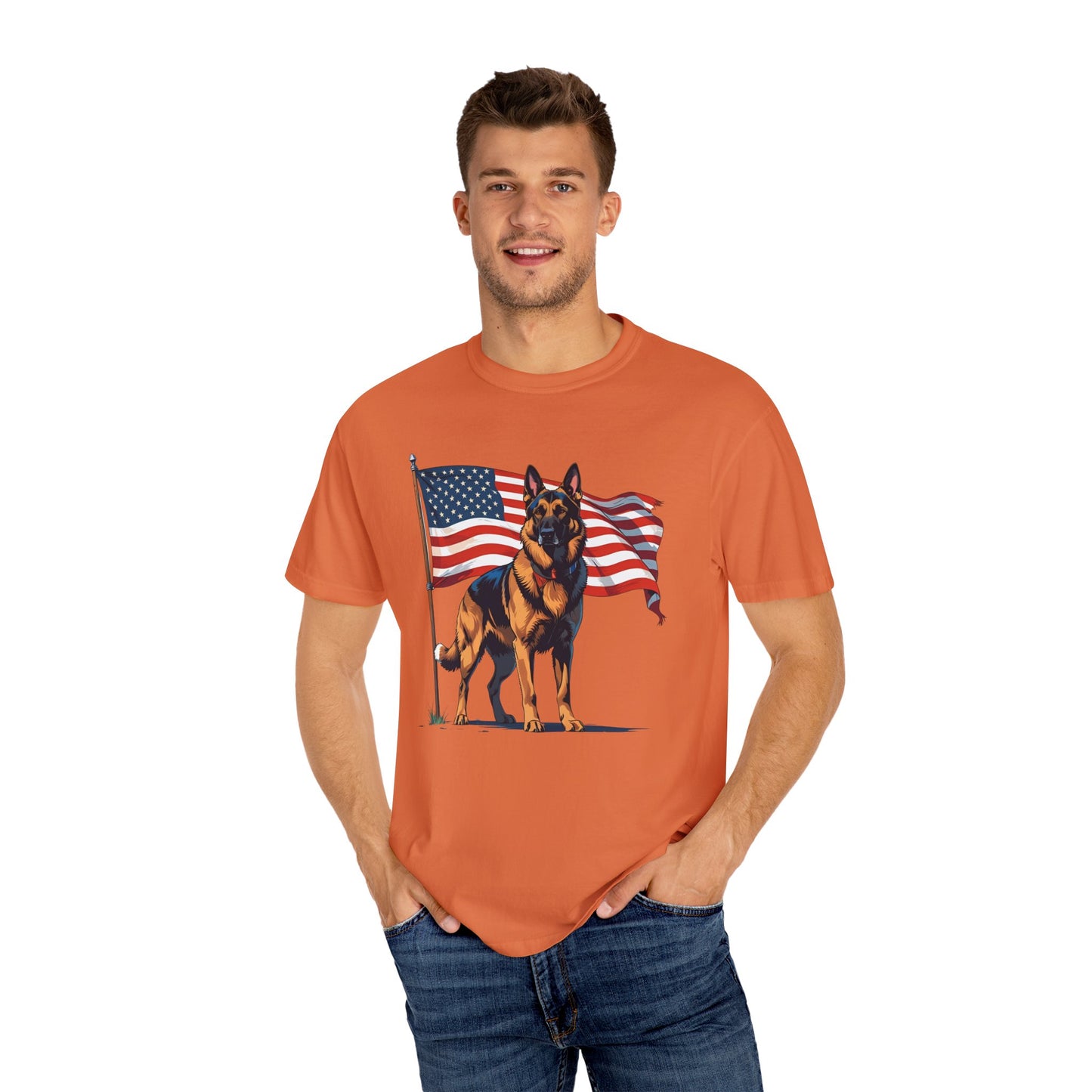 Patriotic German Shepherd Dog T-Shirt, Unisex Garment-Dyed Tee, Dog Lover Gift, US Independence Day Apparel, Casual Wear for Pet Lovers