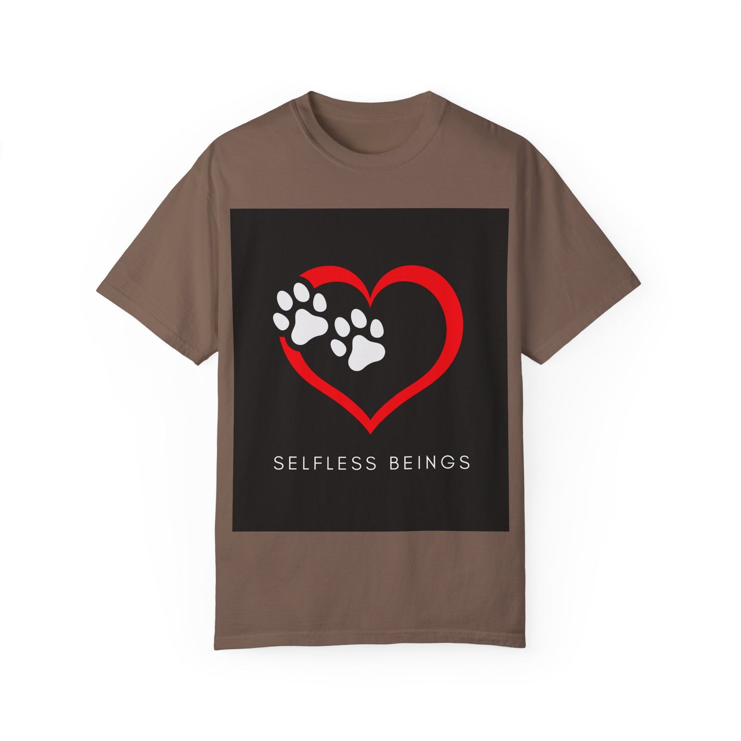 Unisex Dog Lover T-Shirt With Graphic of Red Heart That Contains Two White Dog Paw Prints and Caption Selfless Beings