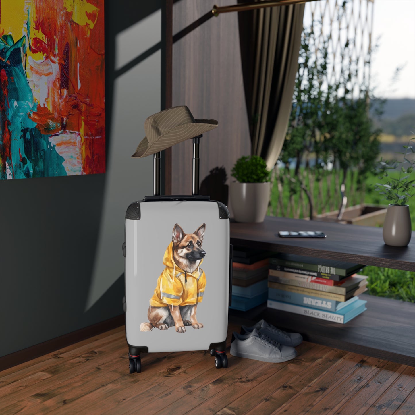 Dog Lovers Suitcase Featuring a German Shepherd Wearing a Yellow Rain Coat