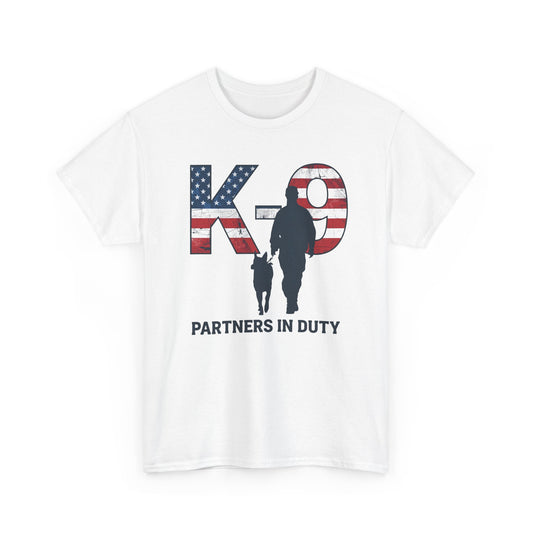 Patriotic K-9 T-Shirt - Partners in Duty Tee | Unisex Heavy Cotton Tee for Dog Lovers, Military Support, Gifts for Dog Handlers