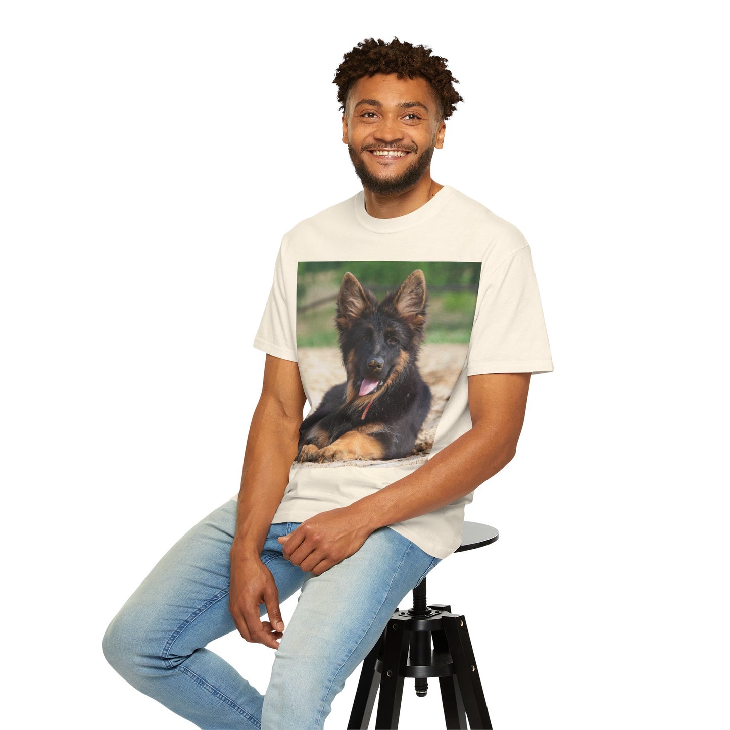 Unisex Dog Lover T-Shirt Featuring Photo of Stunning German Shepherd Puppy Resting on the Sand