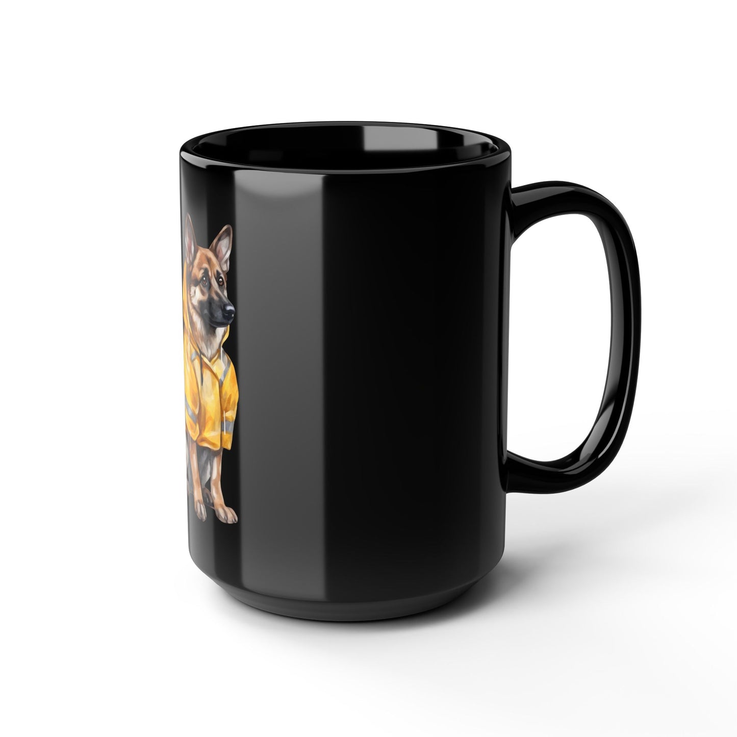 Black Coffee Mug 15oz With a Graphic of German Shepherd Wearing a Yellow Rain Coat