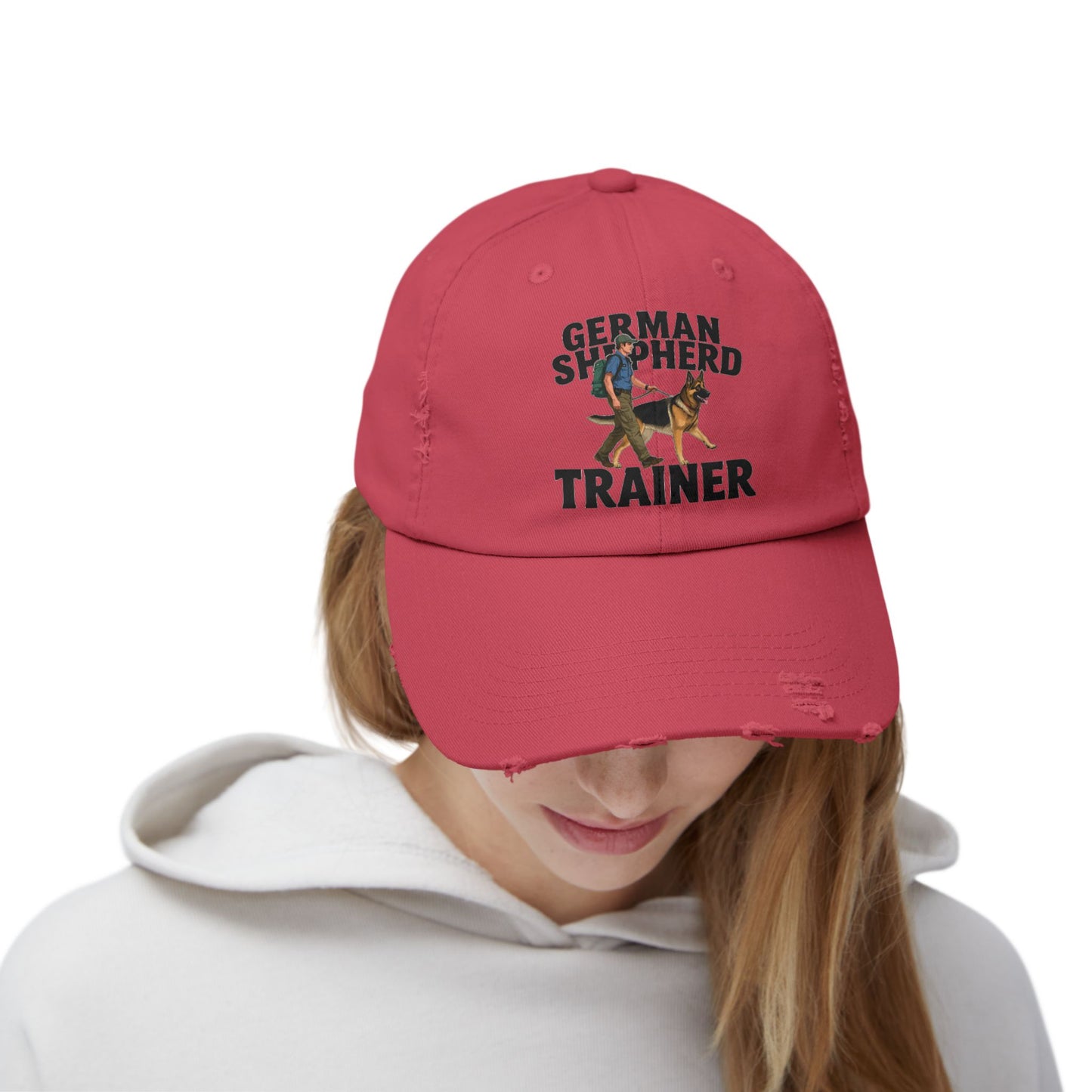 Unisex Distressed Cap Featuring a Trainer Leading German Shepherd, Dog Trainer Gift