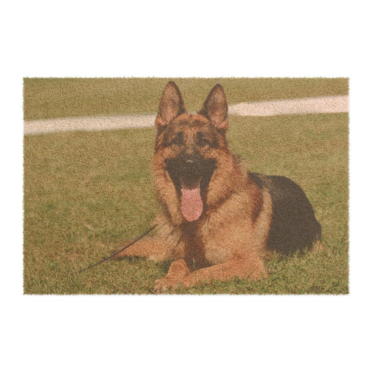 Dog Lovers Doormat Featuring a Giant German Shepherd Sitting on the Grass With a Hanging Tongue