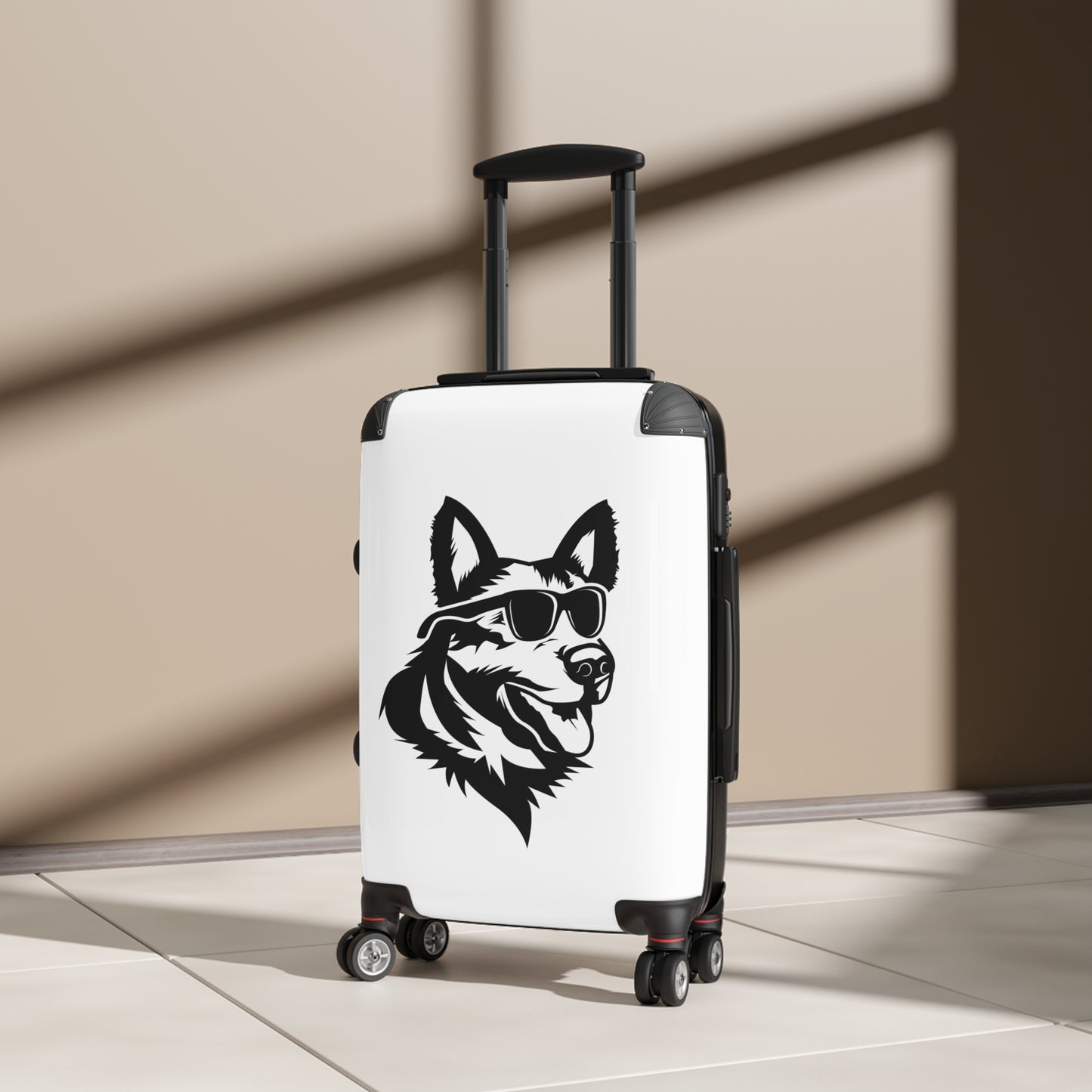 Dog Lovers Suitcase Featuring Graphic of  German Shepherd Wearing Black Glasses