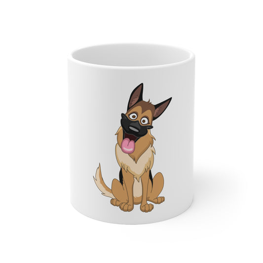 White Ceramic Dog Lover Mug, 11oz With a Cartoon of Funny German Shepherd
