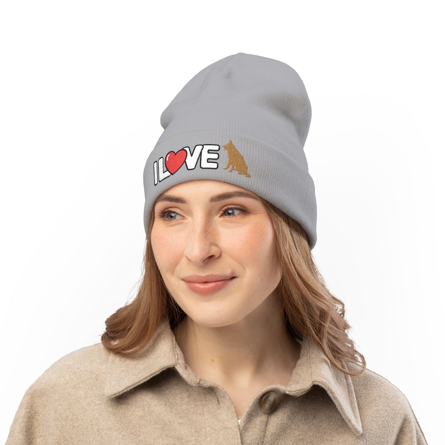 Cozy Dog Lover Knit Beanie with Embroidery - I Love German Shepherd, Winter Hat