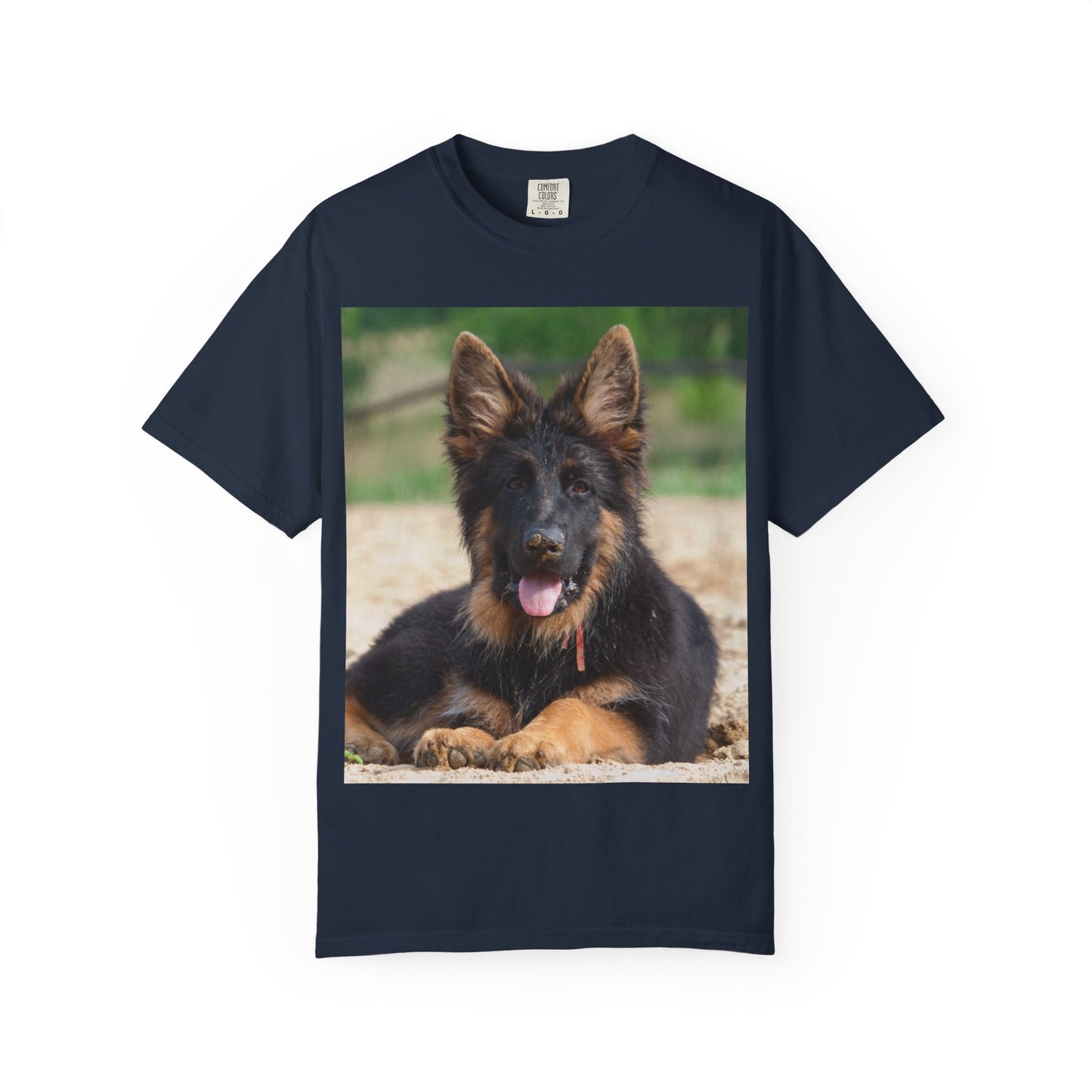 Unisex Dog Lover T-Shirt Featuring Photo of Stunning German Shepherd Puppy Resting on the Sand