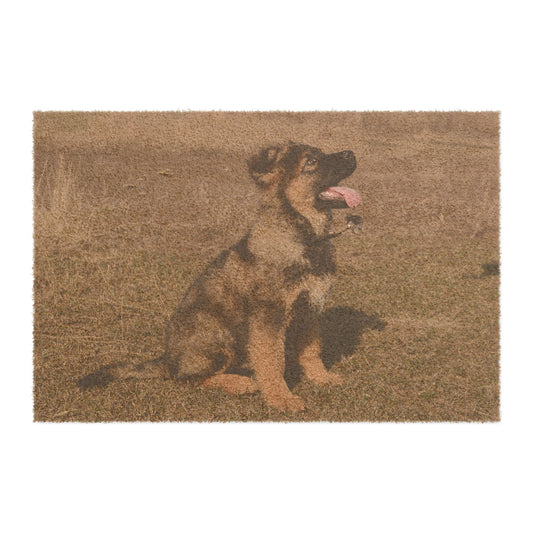 Personalized Pet Welcome Doormat Featuring a Cute Sable German Shepherd Puppy Sloppily Sitting