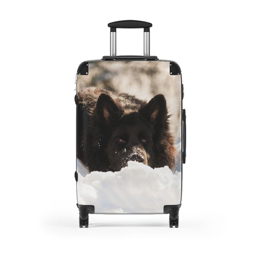 Winter Wonderland Dog Suitcase - A Giant Black German Shepherd Resting on the Snow