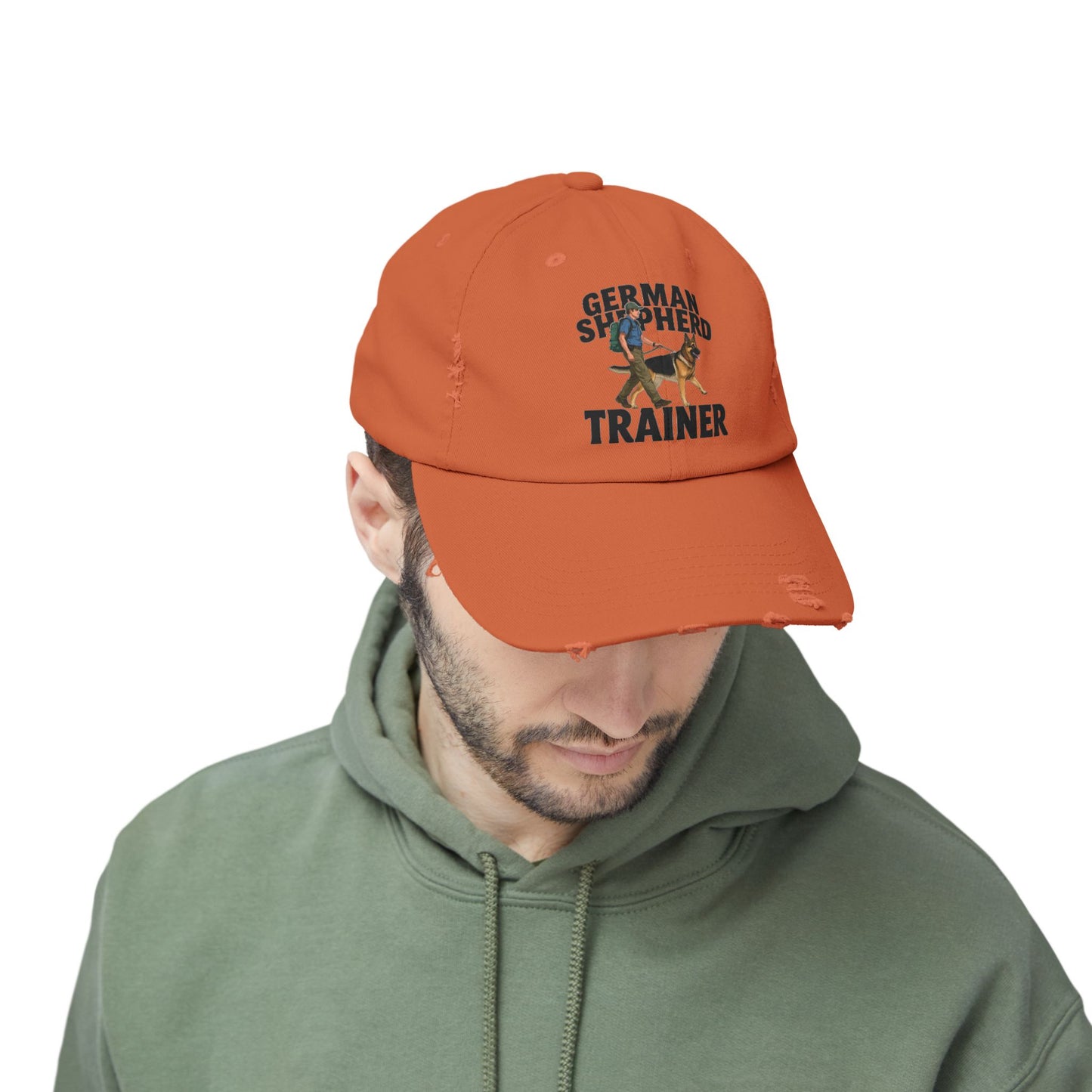 Unisex Distressed Cap Featuring a Trainer Leading German Shepherd, Dog Trainer Gift
