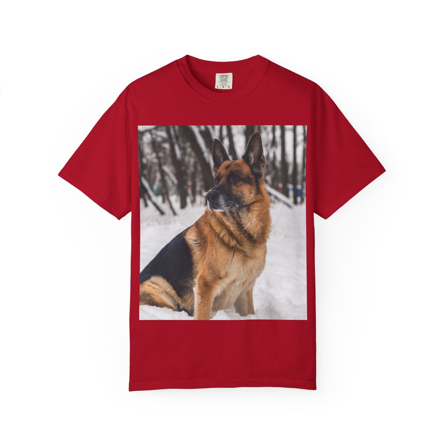 Unisex Dog Lovers T-Shirt Featuring a Beautiful German Shepherd Sloppily Sitting on the Snow