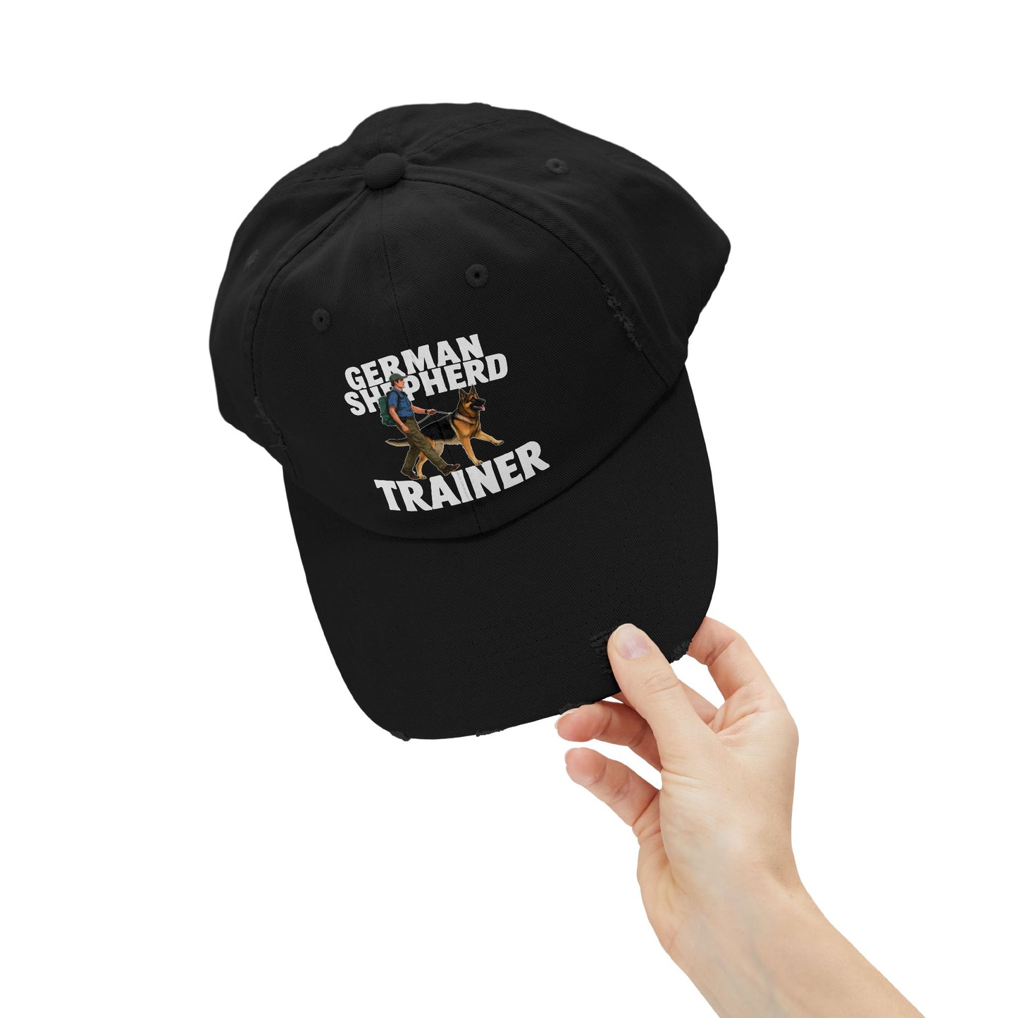 Unisex Distressed Cap Featuring a Trainer Leading German Shepherd, Dog Trainer Gift