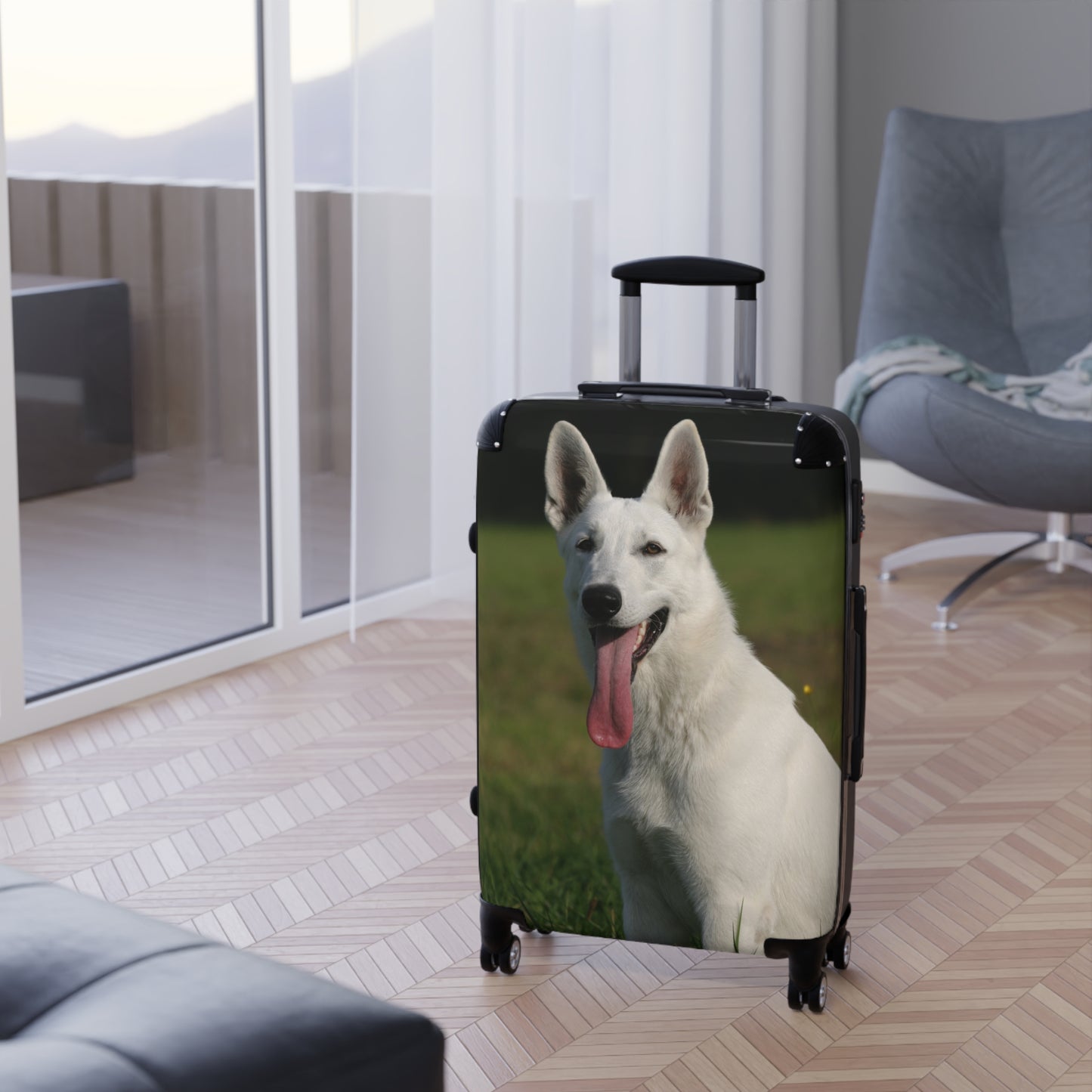 Dog Lover Suitcase Featuring a Giant White German Shepherd Sloppily Sitting on Grass Leaving Tongue Out