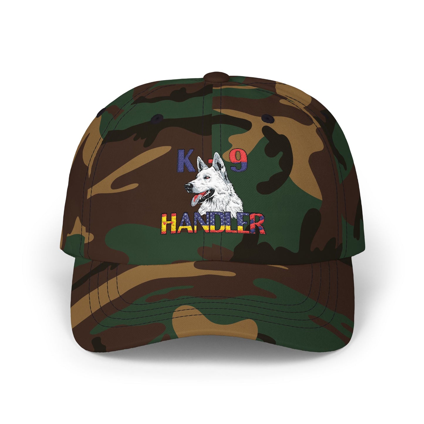 Embroidered Police Themed K9 Handler Classic Dad Cap Featuring a White German Shepherd