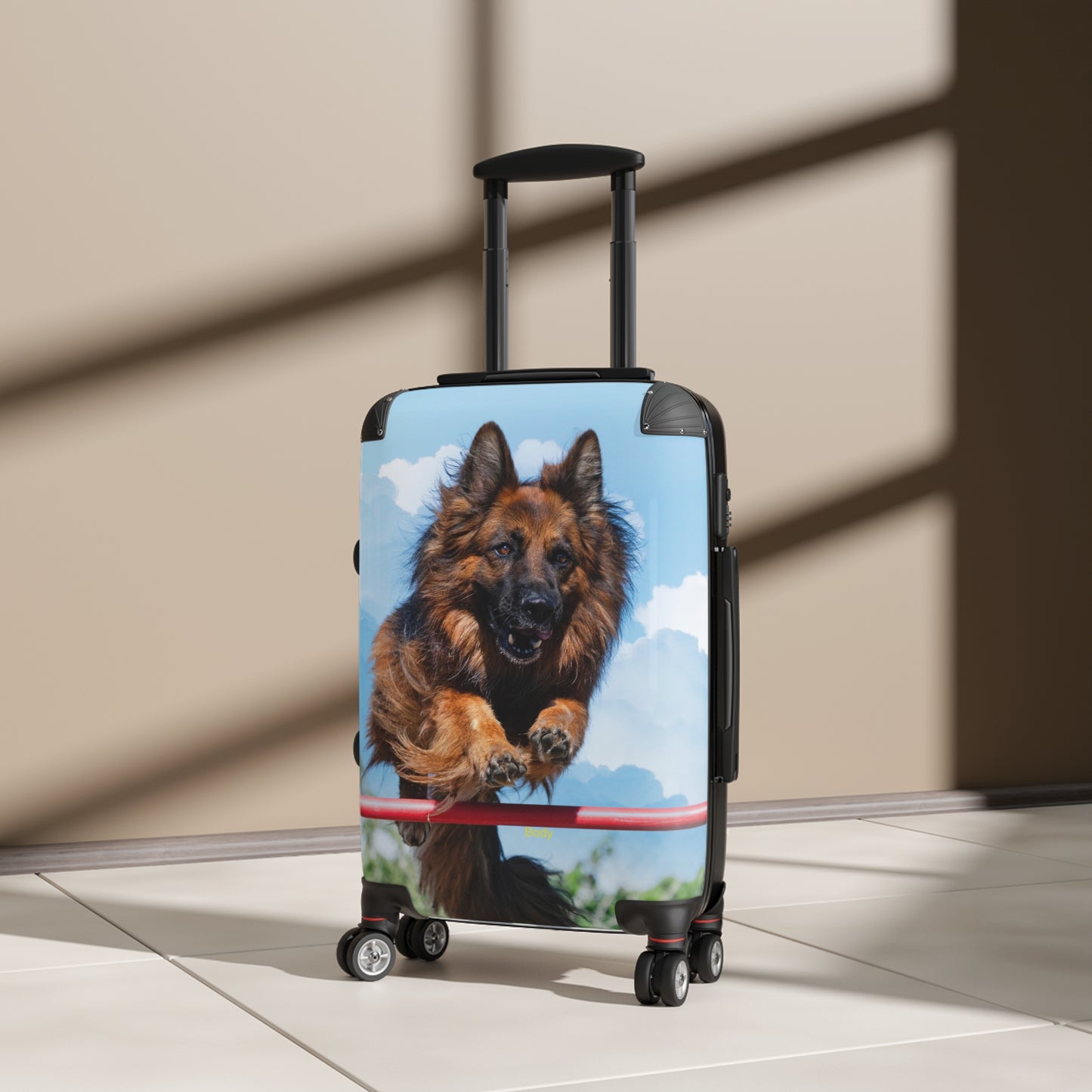 Dog Lover's Travel Suitcase Featuring a German Shepherd in the Air While Jumping An Agility Fence