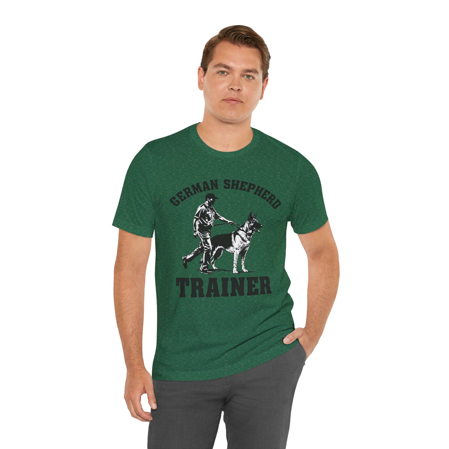 German Shepherd Trainer Tee - Black and White Design of Man Holding a German Shepherd