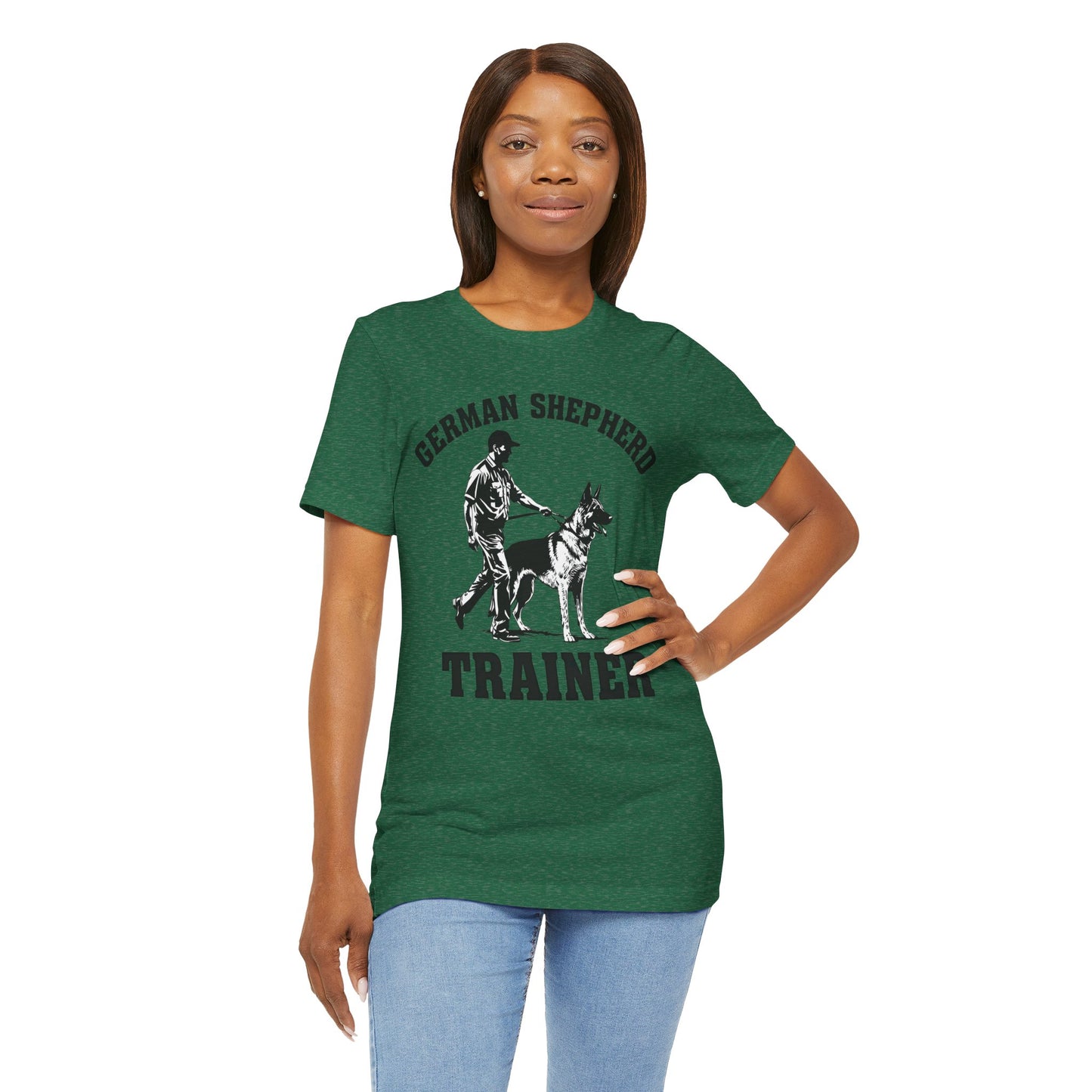 German Shepherd Trainer Tee - Black and White Design of Man Holding a German Shepherd