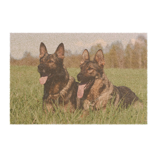 Dog Doormat Featuring Two Giant Working Line German Shepherds Sitting on the Grass