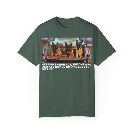 Unisex Dog Lover T-Shirt With Three German Shepherds Lying on the Truck's Cargo Bed in a Row and Caption The One Who Always Brings Joy and Love to My Love