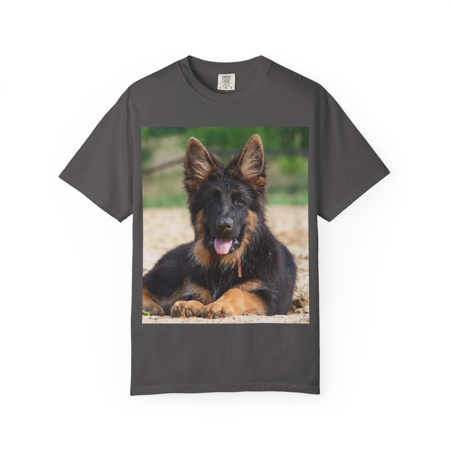 Unisex Dog Lover T-Shirt Featuring Photo of Stunning German Shepherd Puppy Resting on the Sand
