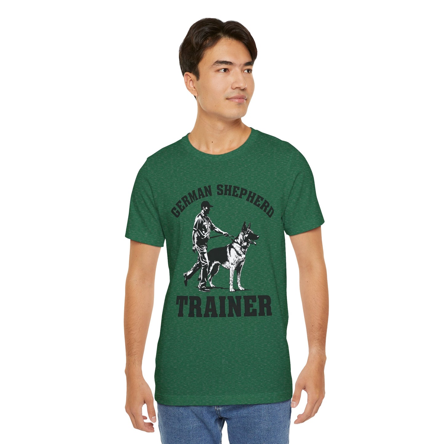 German Shepherd Trainer Tee - Black and White Design of Man Holding a German Shepherd