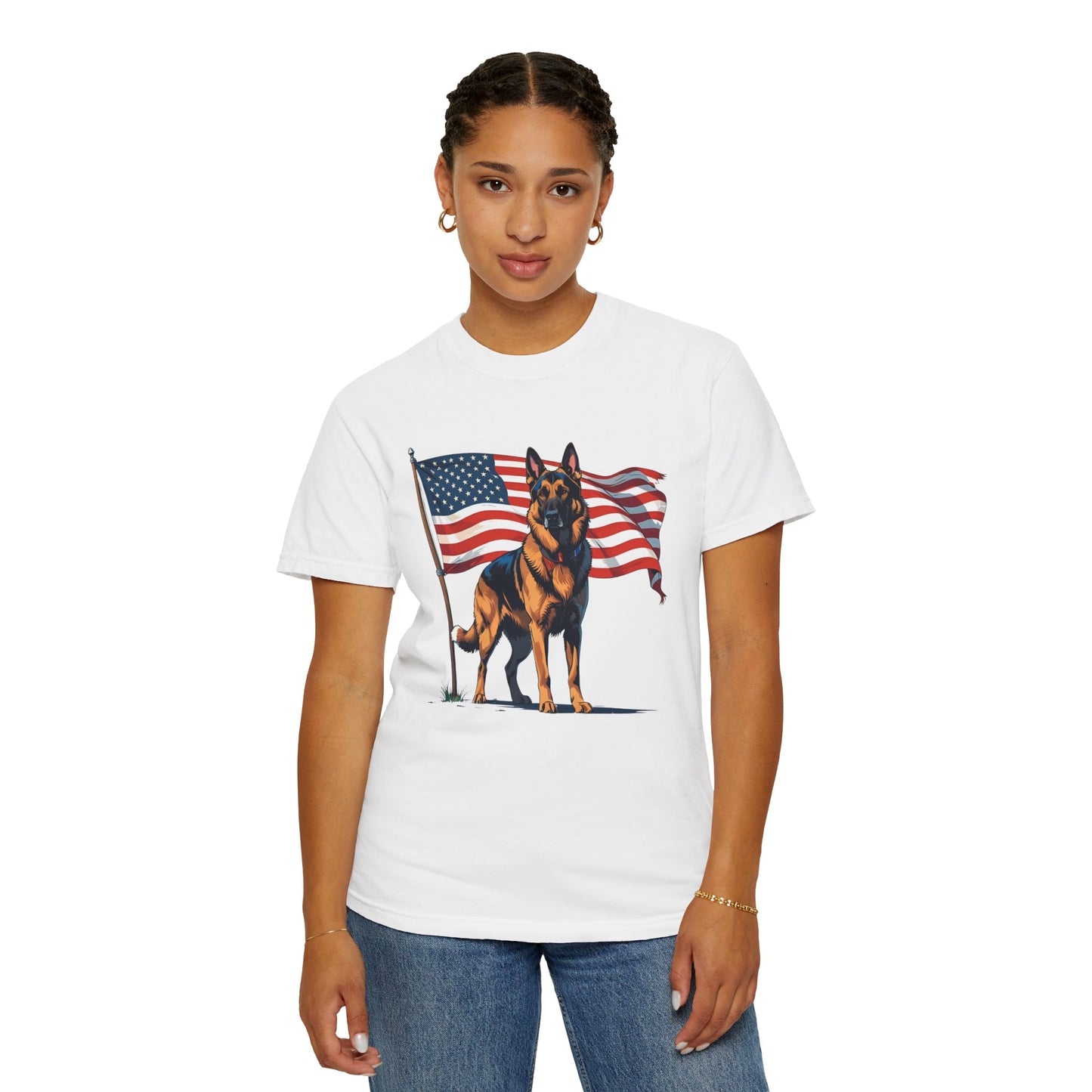 Patriotic German Shepherd Dog T-Shirt, Unisex Garment-Dyed Tee, Dog Lover Gift, US Independence Day Apparel, Casual Wear for Pet Lovers