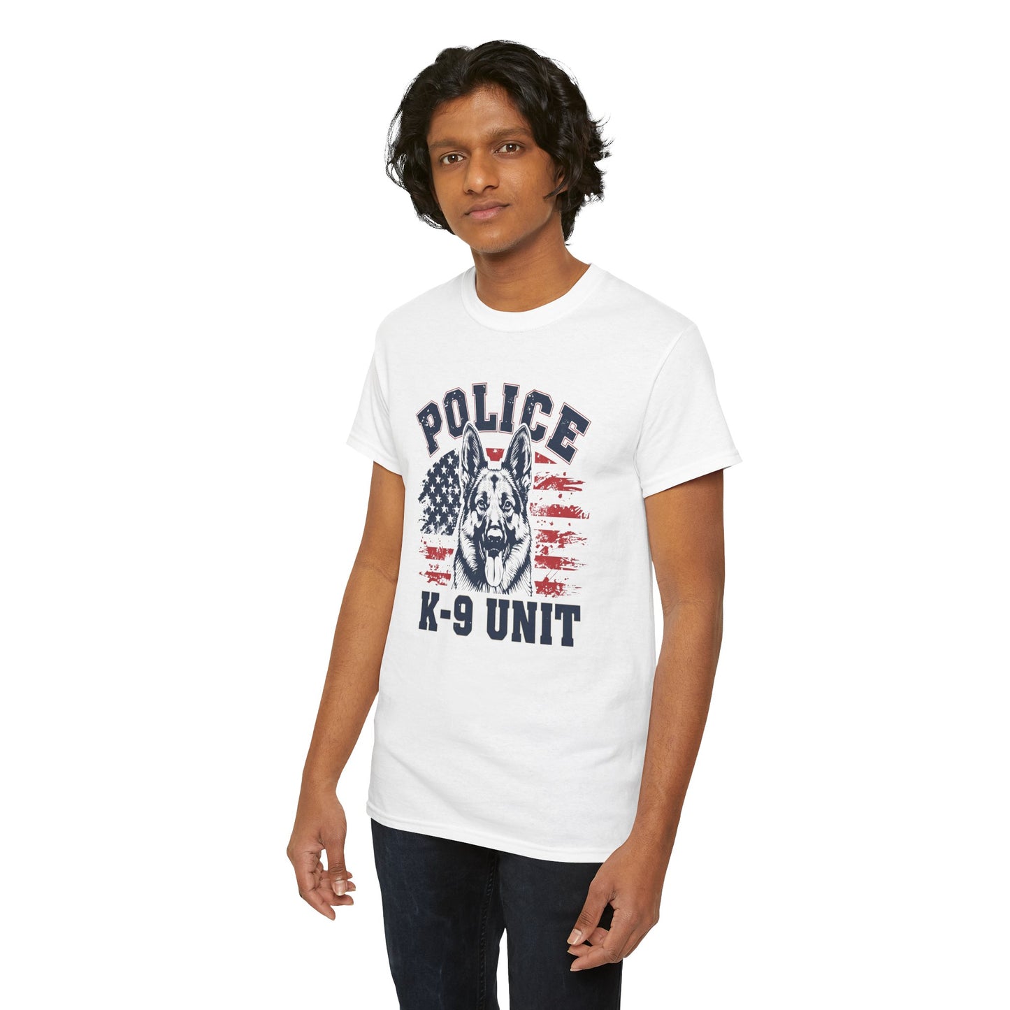 Patriotic Police K-9 Unit T-Shirt With American Flag in Background, Unisex Heavy Cotton Tee