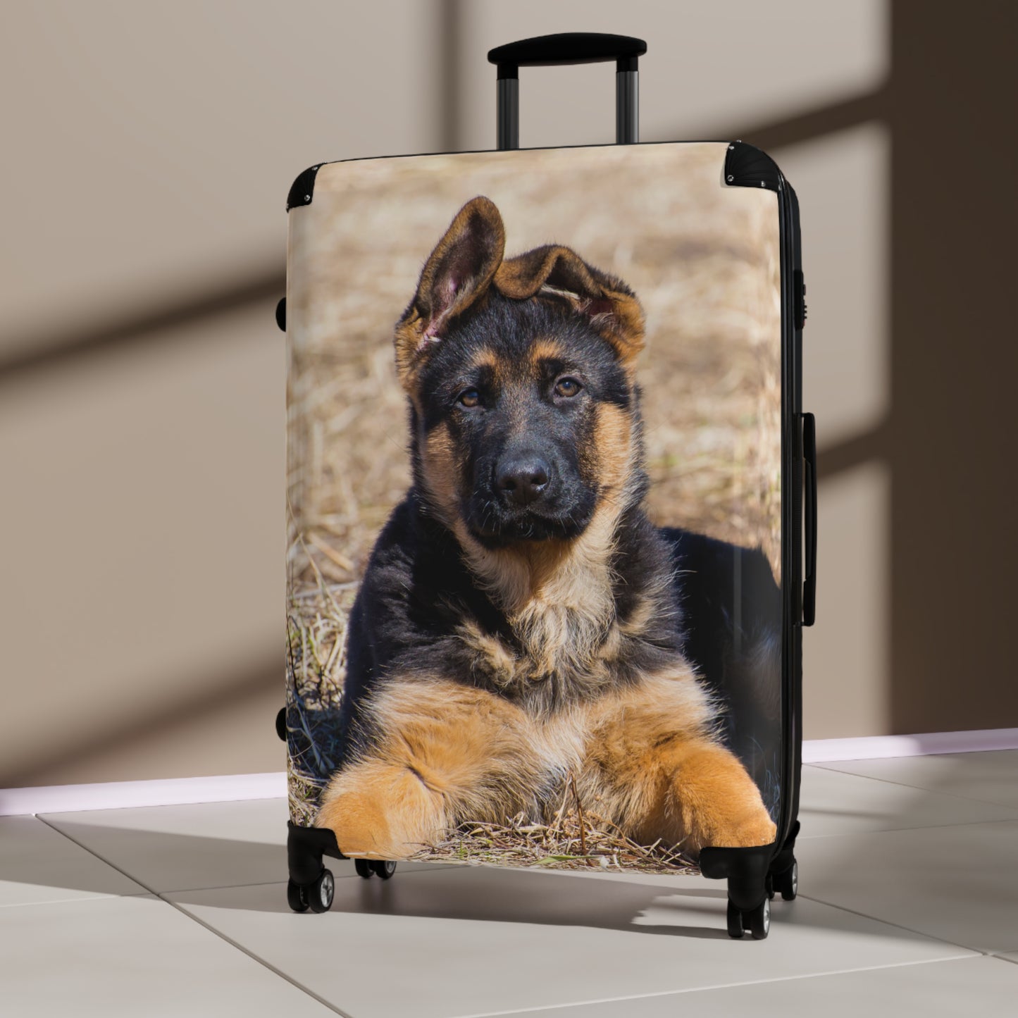 Dog Lovers Suitcase Featuring a Gorgeous German Shepherd Puppy Resting on Dry Grass