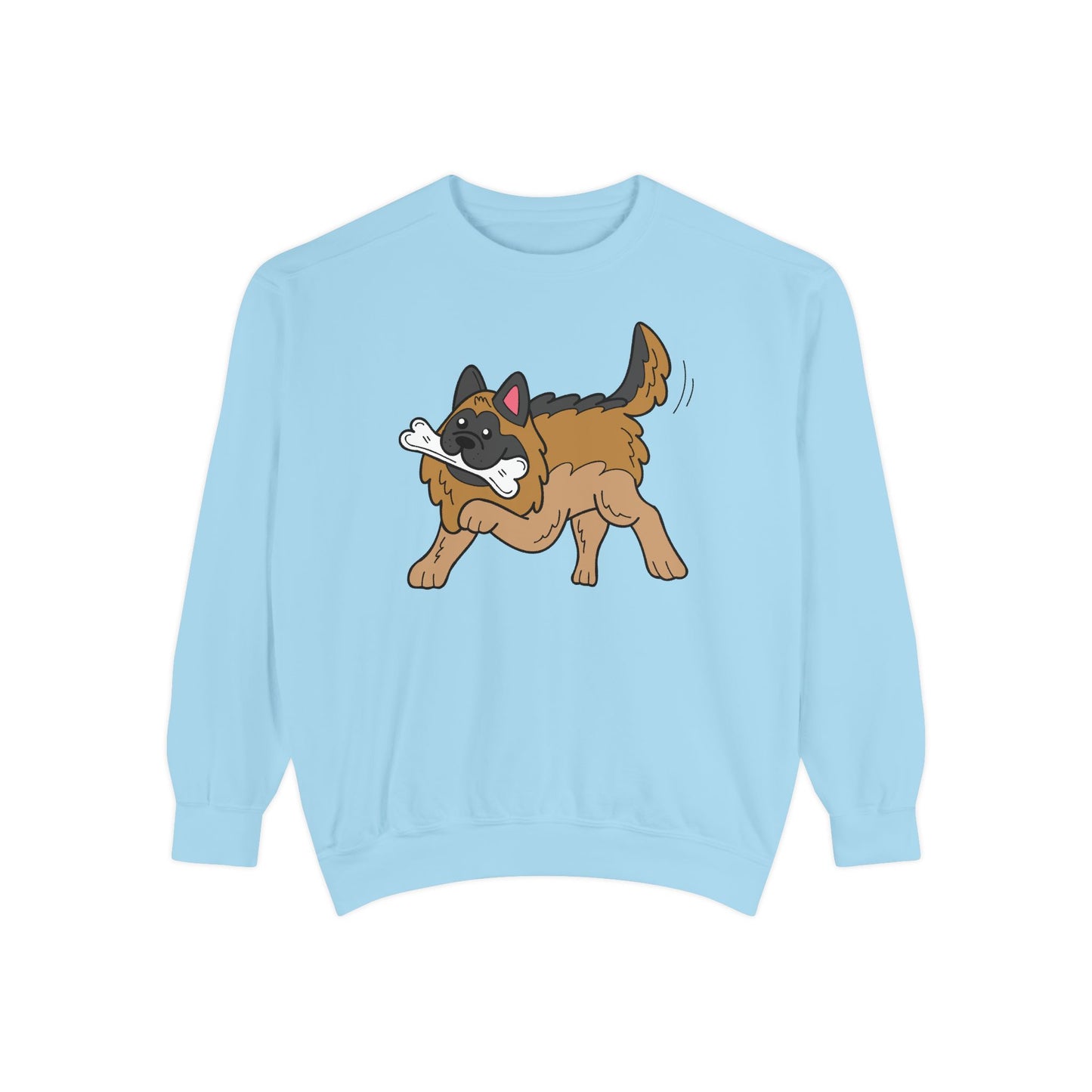 Unisex Dog Lover Sweatshirt With a Graphic of a German Shepherd Holding a White Bone in Mouth
