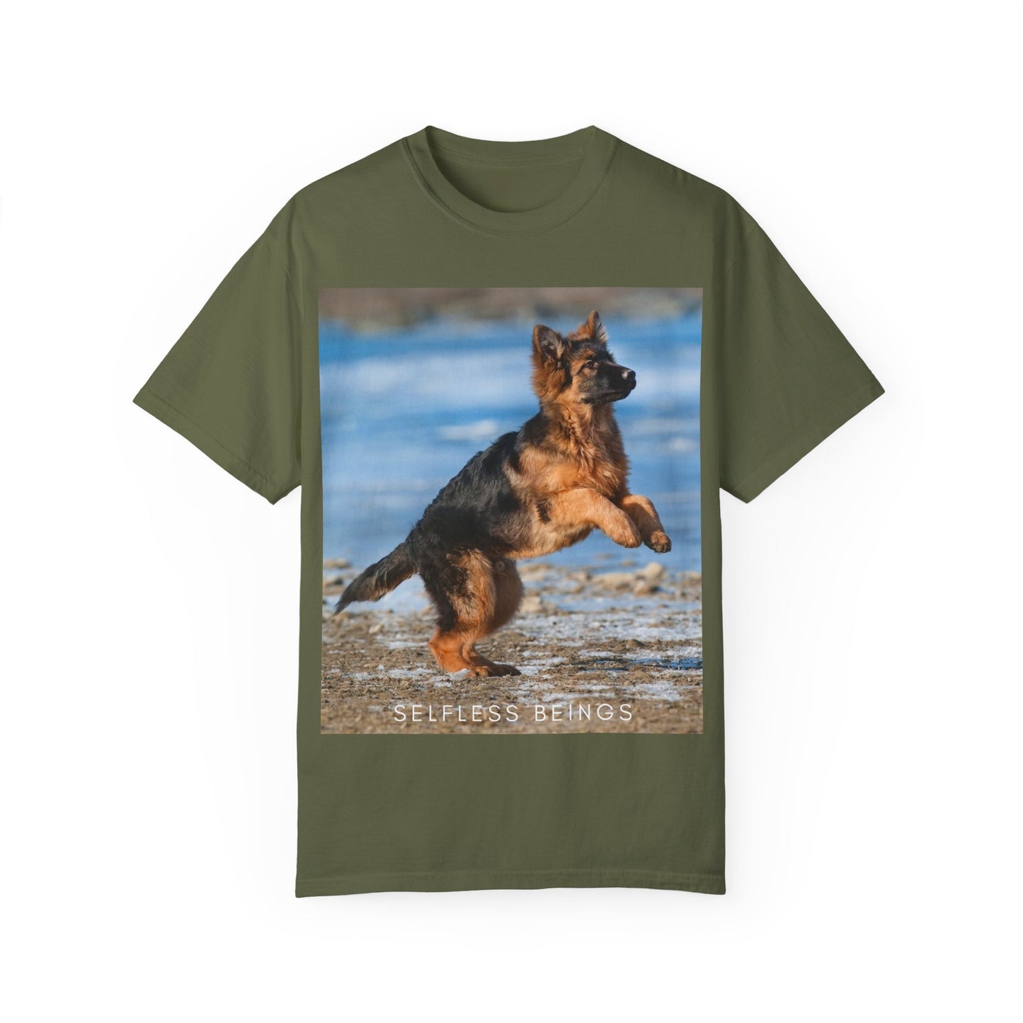 Unisex Dog Lover T-Shirt With Gorgeous German Shepherd Puppy Standing on Back Legs at Seashore and Caption Selfless Beings